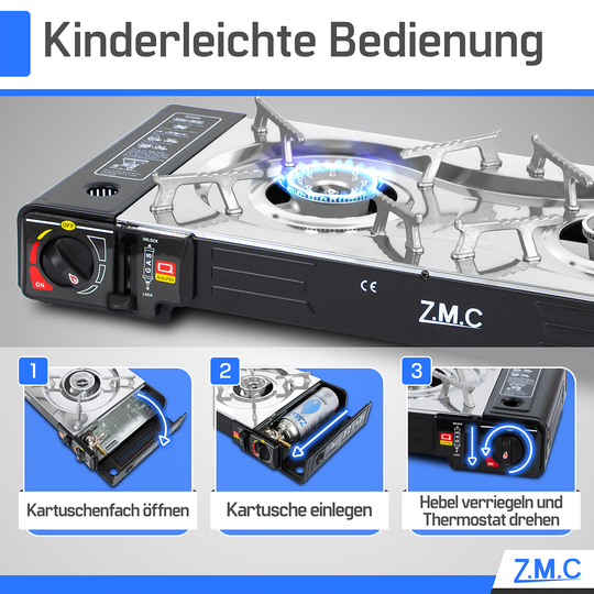 Z.M.C Edelstahl Campingkocher 2-flammig 2,5 kW mit Piezo-Zündung | LPG-Adapter, Koffer &amp; optionaler Grillplatte + Gaskartuschen