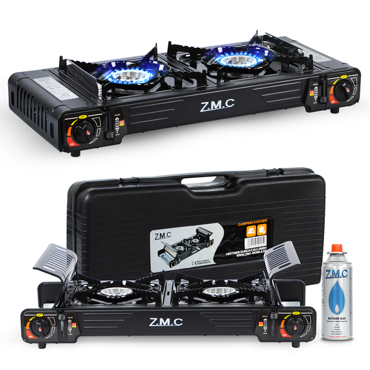 Z.M.C PREMIUM Campingkocher 2-flammig 4,0 kW mit Piezo-Zündung | Gaskocher mit Windschutz &amp; Koffer, + optionale Grillplatte &amp; Kartuschen