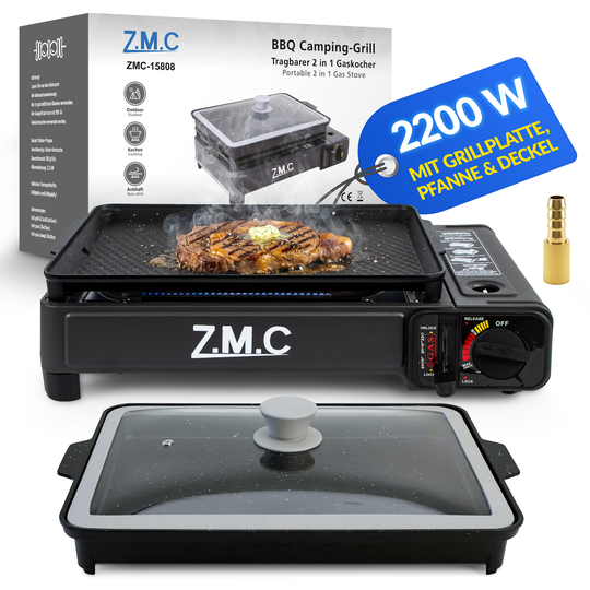 ZMC 2-in-1 Gaskocher &amp; Gasgrill 2,2 kW, wählbar mit Gaskartuschen, inkl. Grillplatte &amp; Pfanne mit Glasdeckel, tragbarer Campingkocher mit Piezo-Zündung für Balkon, Garten &amp; Outdoor