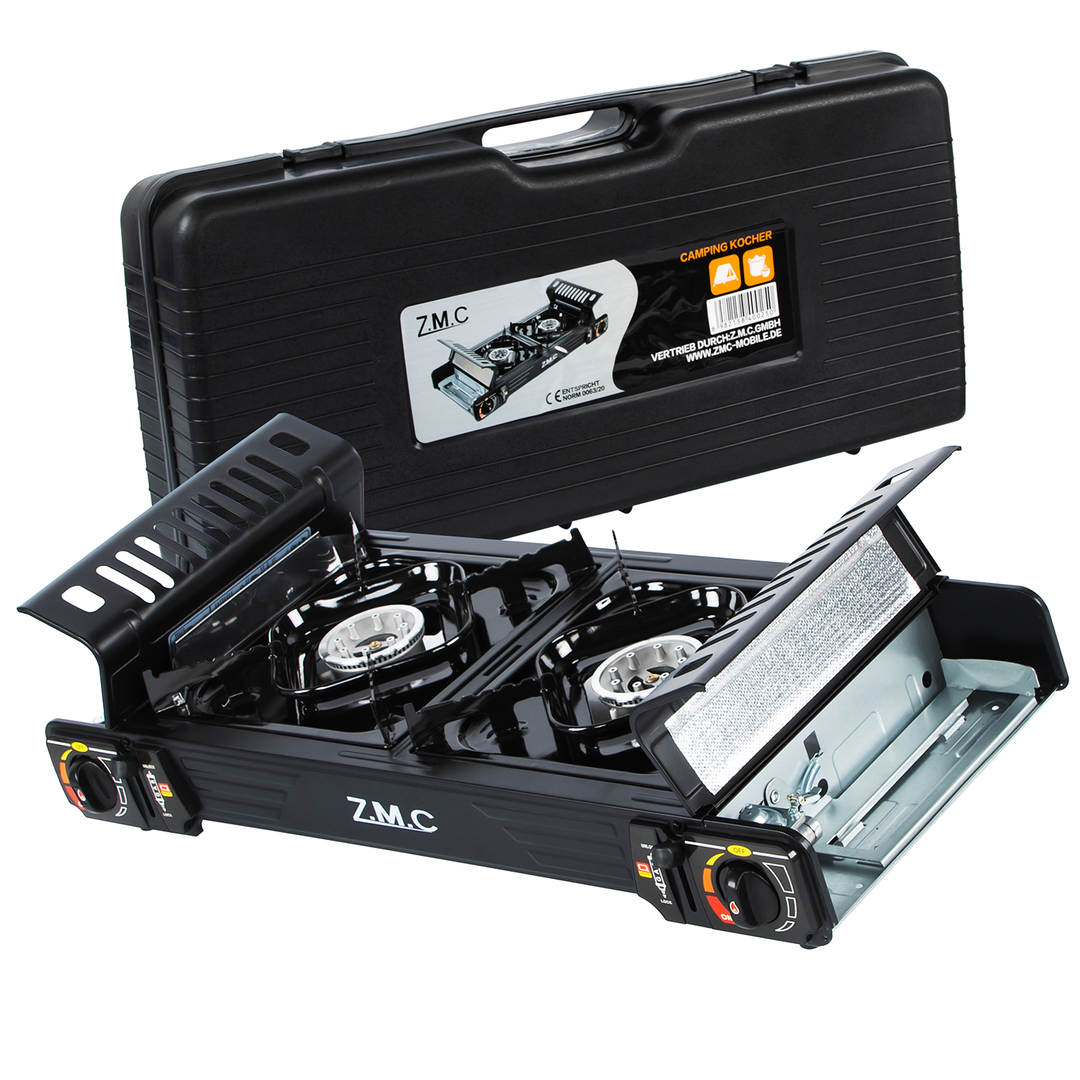 Z.M.C PREMIUM Campingkocher 2-flammig 4,0 kW mit Piezo-Zündung | Gaskocher mit Windschutz &amp; Koffer, + optionale Grillplatte &amp; Kartuschen