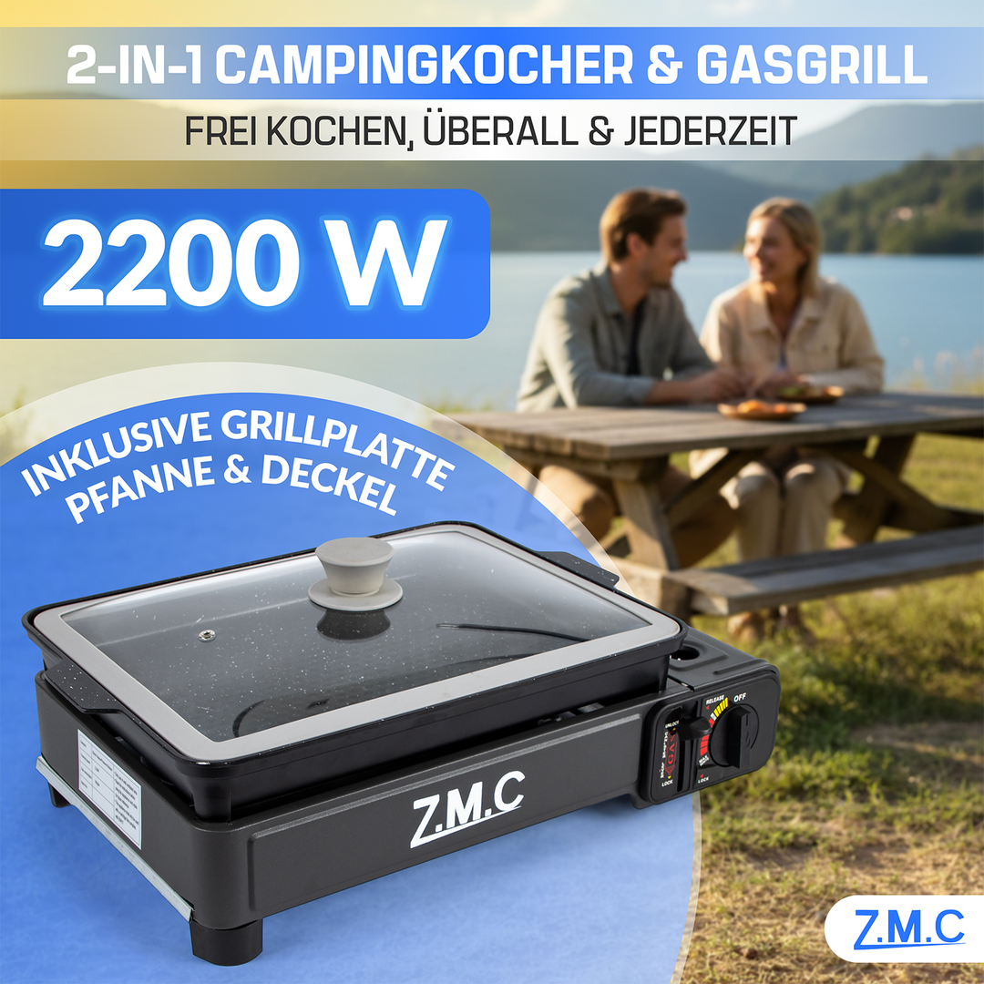 ZMC 2-in-1 Gaskocher &amp; Gasgrill 2,2 kW, wählbar mit Gaskartuschen, inkl. Grillplatte &amp; Pfanne mit Glasdeckel, tragbarer Campingkocher mit Piezo-Zündung für Balkon, Garten &amp; Outdoor