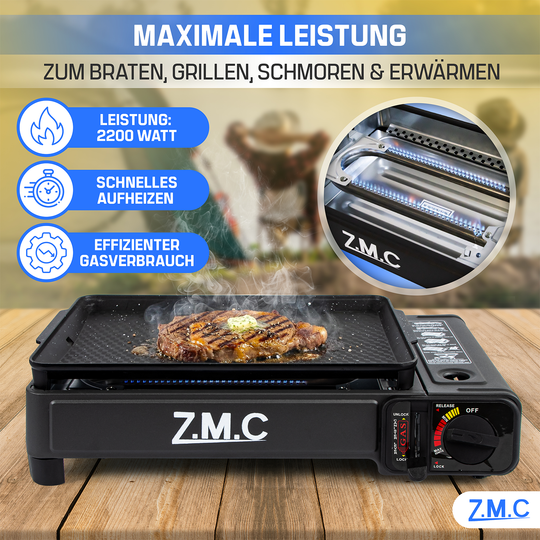 ZMC 2-in-1 Gaskocher &amp; Gasgrill 2,2 kW, wählbar mit Gaskartuschen, inkl. Grillplatte &amp; Pfanne mit Glasdeckel, tragbarer Campingkocher mit Piezo-Zündung für Balkon, Garten &amp; Outdoor