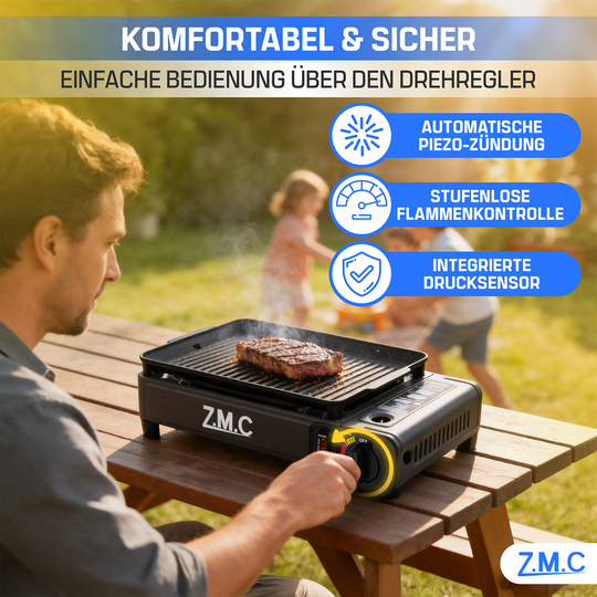 ZMC 2-in-1 Gaskocher &amp; Gasgrill 2,2 kW, wählbar mit Gaskartuschen, inkl. Grillplatte &amp; Pfanne mit Glasdeckel, tragbarer Campingkocher mit Piezo-Zündung für Balkon, Garten &amp; Outdoor