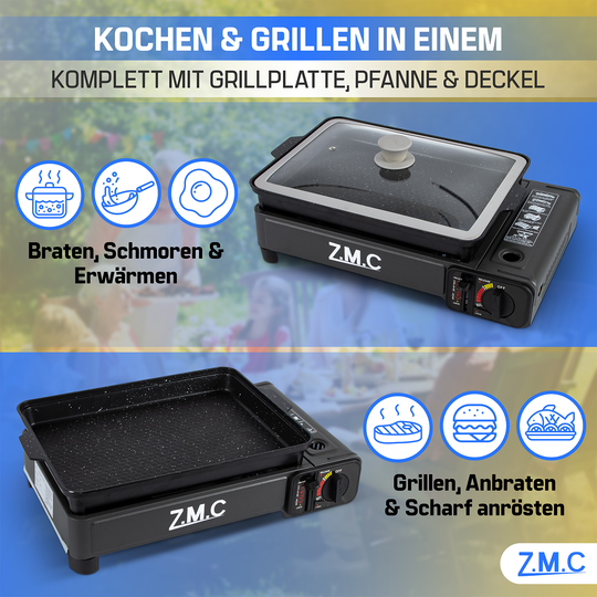 ZMC 2-in-1 Gaskocher &amp; Gasgrill 2,2 kW, wählbar mit Gaskartuschen, inkl. Grillplatte &amp; Pfanne mit Glasdeckel, tragbarer Campingkocher mit Piezo-Zündung für Balkon, Garten &amp; Outdoor
