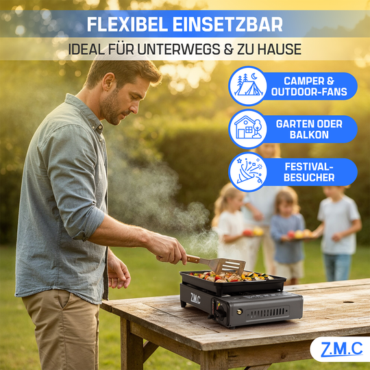 ZMC 2-in-1 Gaskocher &amp; Gasgrill 2,2 kW, wählbar mit Gaskartuschen, inkl. Grillplatte &amp; Pfanne mit Glasdeckel, tragbarer Campingkocher mit Piezo-Zündung für Balkon, Garten &amp; Outdoor