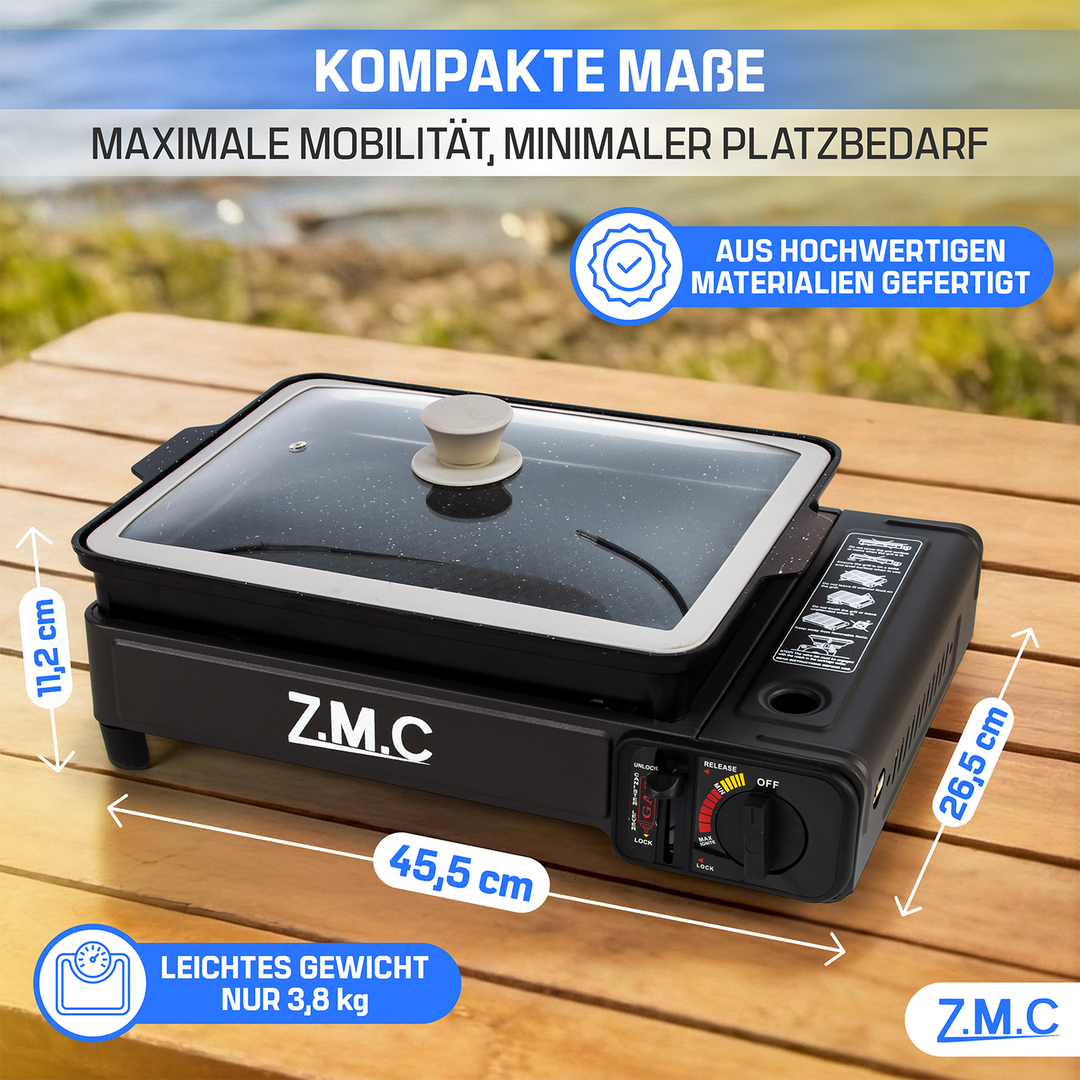 ZMC 2-in-1 Gaskocher &amp; Gasgrill 2,2 kW, wählbar mit Gaskartuschen, inkl. Grillplatte &amp; Pfanne mit Glasdeckel, tragbarer Campingkocher mit Piezo-Zündung für Balkon, Garten &amp; Outdoor