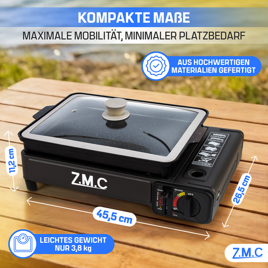 ZMC 2-in-1 Gaskocher &amp; Gasgrill 2,2 kW, wählbar mit Gaskartuschen, inkl. Grillplatte &amp; Pfanne mit Glasdeckel, tragbarer Campingkocher mit Piezo-Zündung für Balkon, Garten &amp; Outdoor