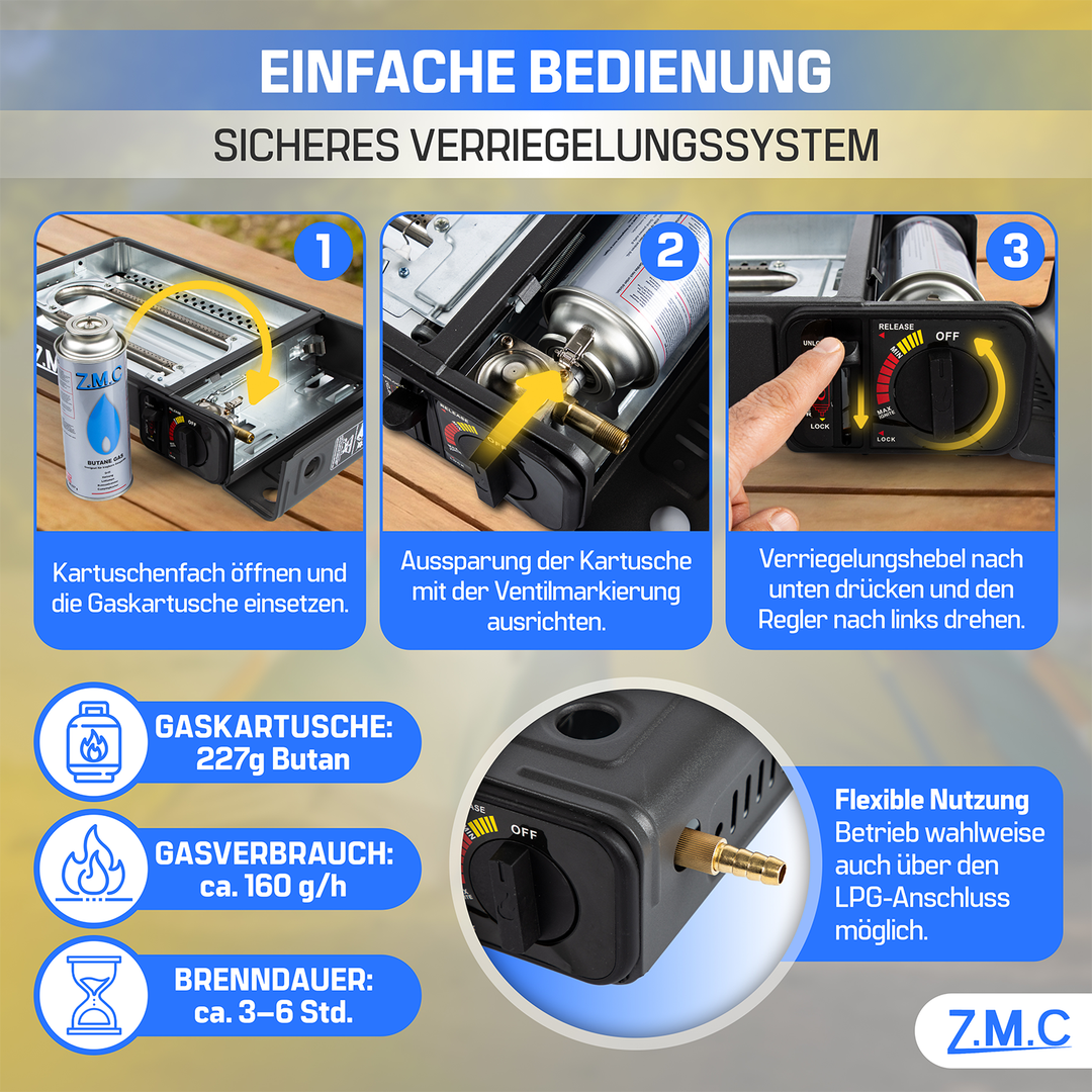 ZMC 2-in-1 Gaskocher &amp; Gasgrill 2,2 kW, wählbar mit Gaskartuschen, inkl. Grillplatte &amp; Pfanne mit Glasdeckel, tragbarer Campingkocher mit Piezo-Zündung für Balkon, Garten &amp; Outdoor