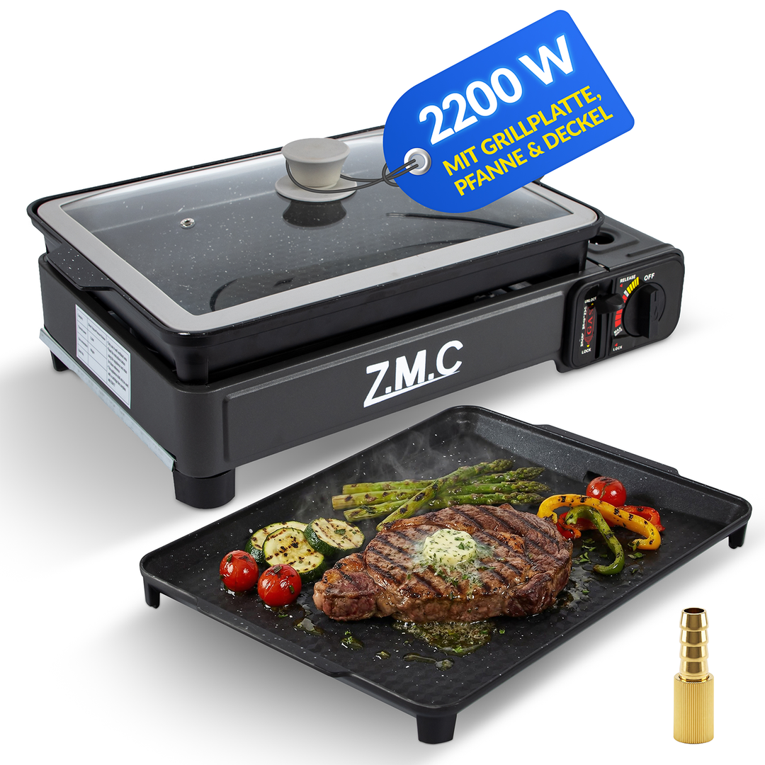 ZMC 2-in-1 Gaskocher &amp; Gasgrill 2,2 kW, wählbar mit Gaskartuschen, inkl. Grillplatte &amp; Pfanne mit Glasdeckel, tragbarer Campingkocher mit Piezo-Zündung für Balkon, Garten &amp; Outdoor