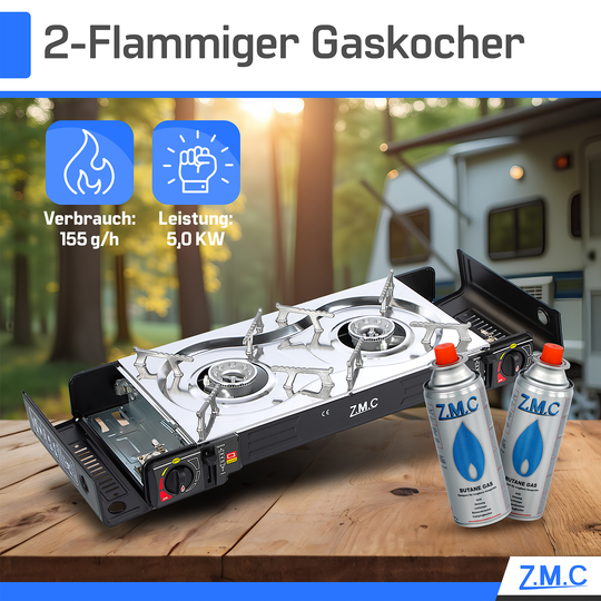 Z.M.C Edelstahl Campingkocher 2-flammig 2,5 kW mit Piezo-Zündung | LPG-Adapter, Koffer &amp; optionaler Grillplatte + Gaskartuschen