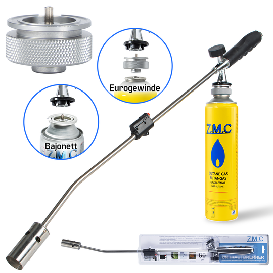 ZMC Unkrautvernichter 2,5 kW Unkrautbrenner + 330g Gaskartuschen, Abflammgerät mit Piezo-Zündung, einstellbarer Flammenleistung bis 1400 °C für Garten &amp; Gehwege
