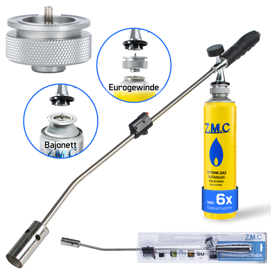 ZMC Unkrautvernichter 2,5 kW Unkrautbrenner + 330g Gaskartuschen, Abflammgerät mit Piezo-Zündung, einstellbarer Flammenleistung bis 1400 °C für Garten &amp; Gehwege