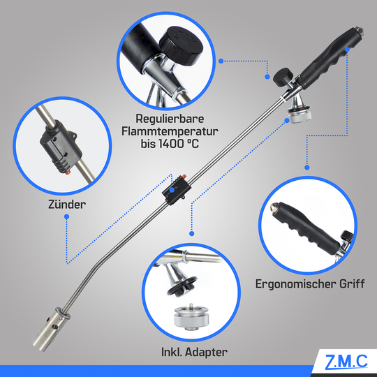 ZMC Unkrautvernichter 2,5 kW Unkrautbrenner + 330g Gaskartuschen, Abflammgerät mit Piezo-Zündung, einstellbarer Flammenleistung bis 1400 °C für Garten &amp; Gehwege