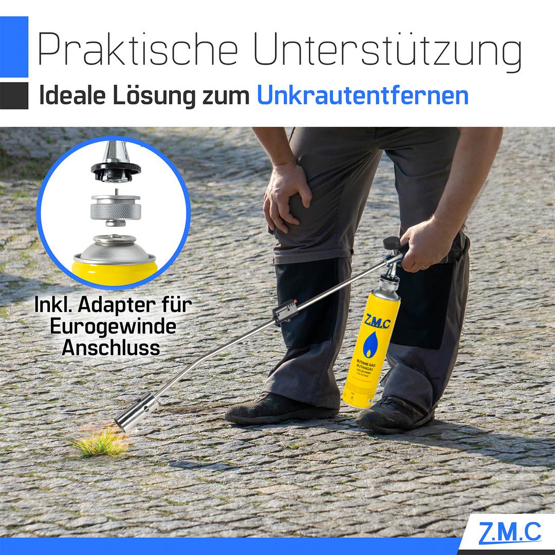 ZMC Unkrautvernichter 2,5 kW Unkrautbrenner + 330g Gaskartuschen, Abflammgerät mit Piezo-Zündung, einstellbarer Flammenleistung bis 1400 °C für Garten &amp; Gehwege