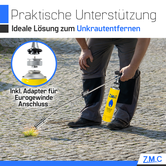 ZMC Unkrautvernichter 2,5 kW Unkrautbrenner + 330g Gaskartuschen, Abflammgerät mit Piezo-Zündung, einstellbarer Flammenleistung bis 1400 °C für Garten &amp; Gehwege