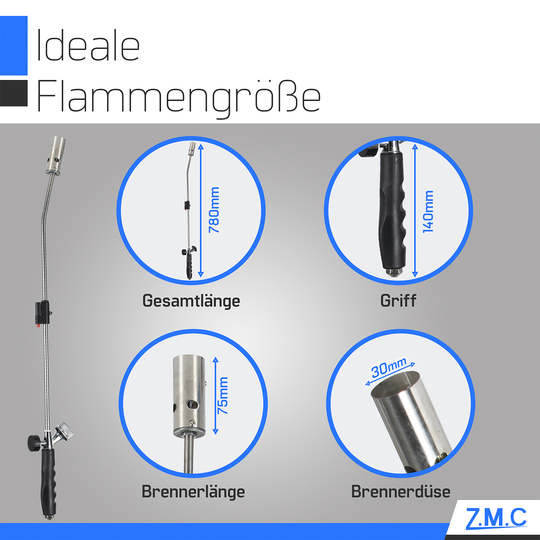 ZMC Unkrautvernichter 2,5 kW Unkrautbrenner + 330g Gaskartuschen, Abflammgerät mit Piezo-Zündung, einstellbarer Flammenleistung bis 1400 °C für Garten &amp; Gehwege