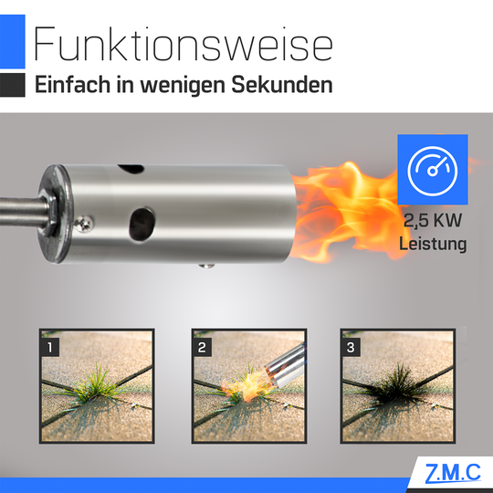 ZMC Unkrautvernichter 2,5 kW Unkrautbrenner + 330g Gaskartuschen, Abflammgerät mit Piezo-Zündung, einstellbarer Flammenleistung bis 1400 °C für Garten &amp; Gehwege