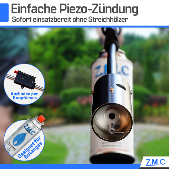 Z.M.C Unkrautbrenner 2,5 kW bis 1400 °C | Abflammgerät mit Piezo-Zündung &amp; einstellbarer Flamme, + optionale 227g Gaskartuschen