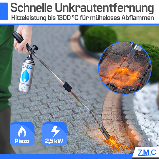 Z.M.C Unkrautbrenner 2,5 kW bis 1400 °C | Abflammgerät mit Piezo-Zündung &amp; einstellbarer Flamme, + optionale 227g Gaskartuschen
