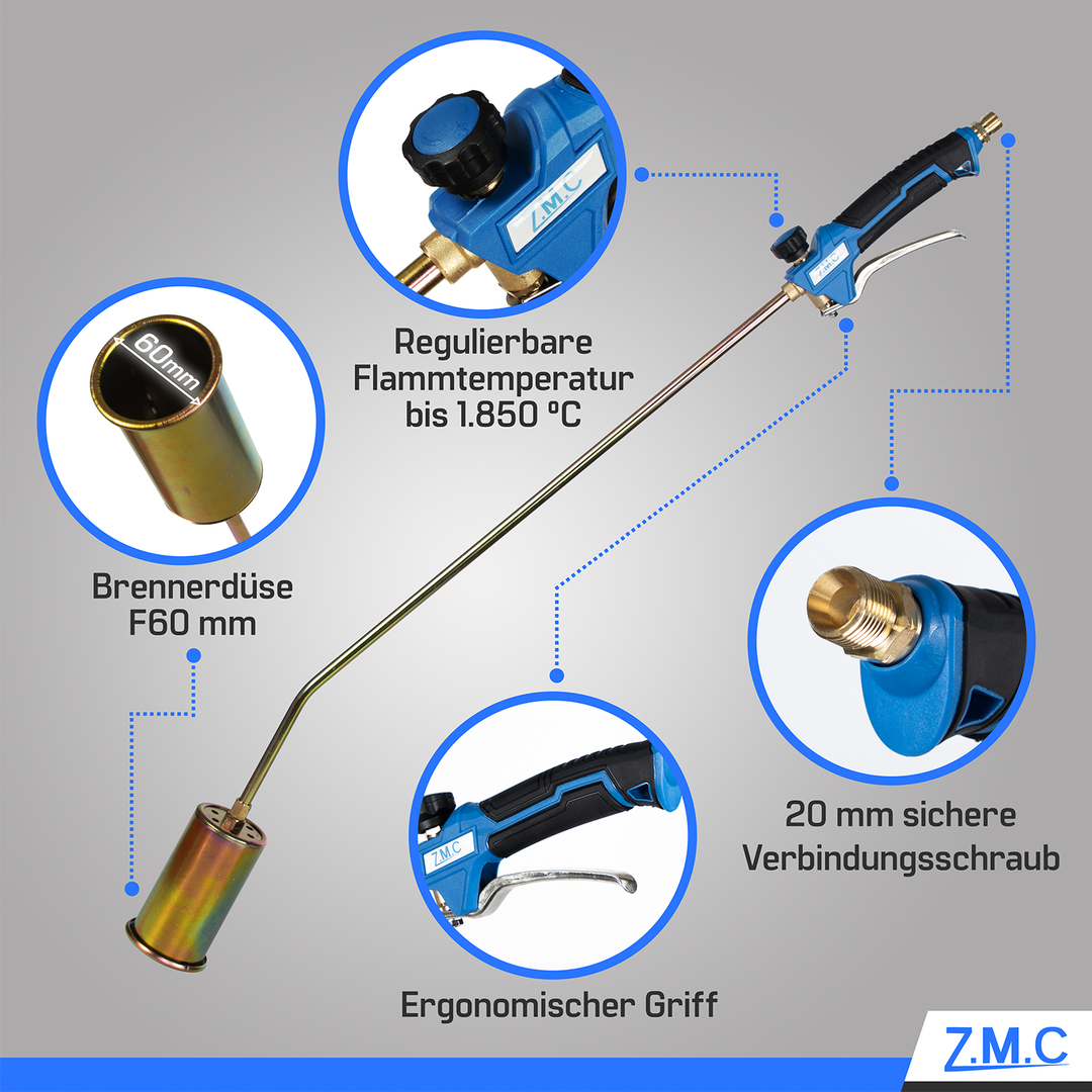 Z.M.C Unkrautbrenner 1850 °C Abflammgerät | 60 mm Brenner, 90 cm Rohr, 5 m Schlauch &amp; 2 Konterschlüssel für Garten &amp; Unkraut