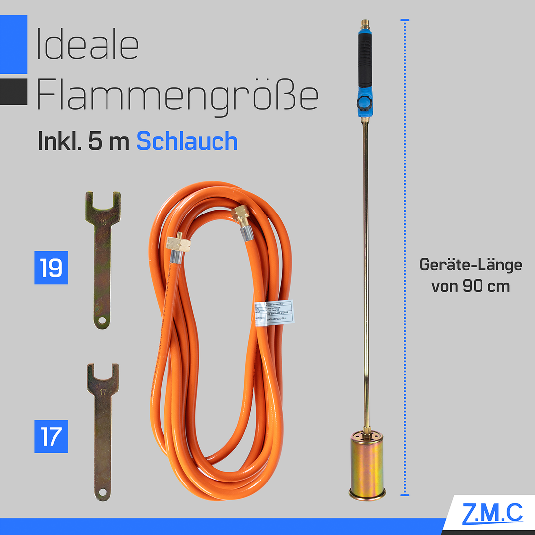 Z.M.C Unkrautbrenner 1850 °C Abflammgerät | 60 mm Brenner, 90 cm Rohr, 5 m Schlauch &amp; 2 Konterschlüssel für Garten &amp; Unkraut