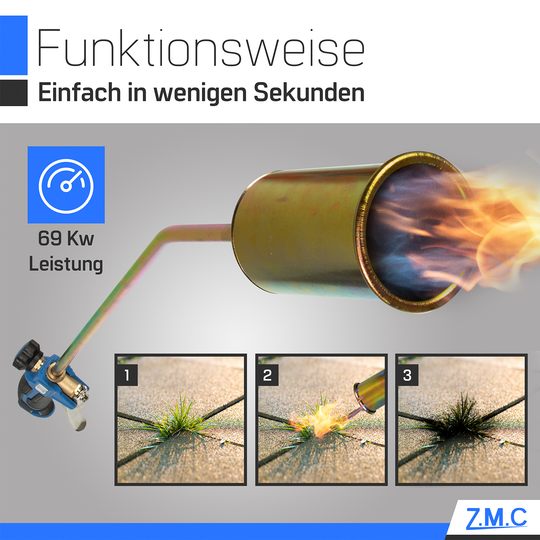 Z.M.C Unkrautbrenner 1850 °C Abflammgerät | 60 mm Brenner, 90 cm Rohr, 5 m Schlauch &amp; 2 Konterschlüssel für Garten &amp; Unkraut
