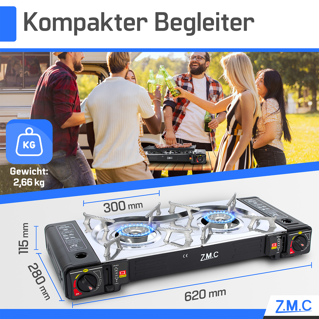 Z.M.C Edelstahl Campingkocher 2-flammig 2,5 kW mit Piezo-Zündung | LPG-Adapter, Koffer &amp; optionaler Grillplatte + Gaskartuschen